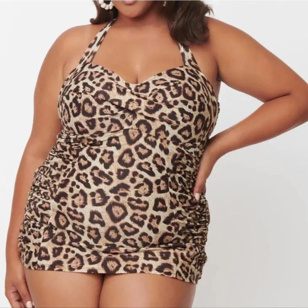 Unique Vintage Plus Size Leopard Print Corinne Sheath Swimsuit